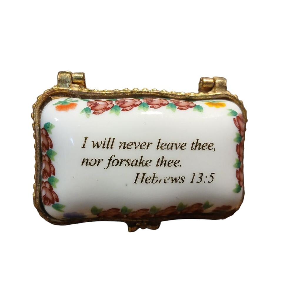 Imperial Flower Porcelain Rectangle Hinged‎ 2.5" Trinket Box Hebrews 13:5 READ